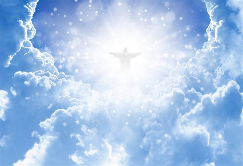 Leyiyi 5x3ft Jesus Christ in Sky Photography Background Paradise God Place Heaven Cloud Bokeh Haloes Spot Sacred Banner Backdrop Merry Christmas Baptism Kids Birthday Photo Portrait Vinyl Studio Prop - Image 1